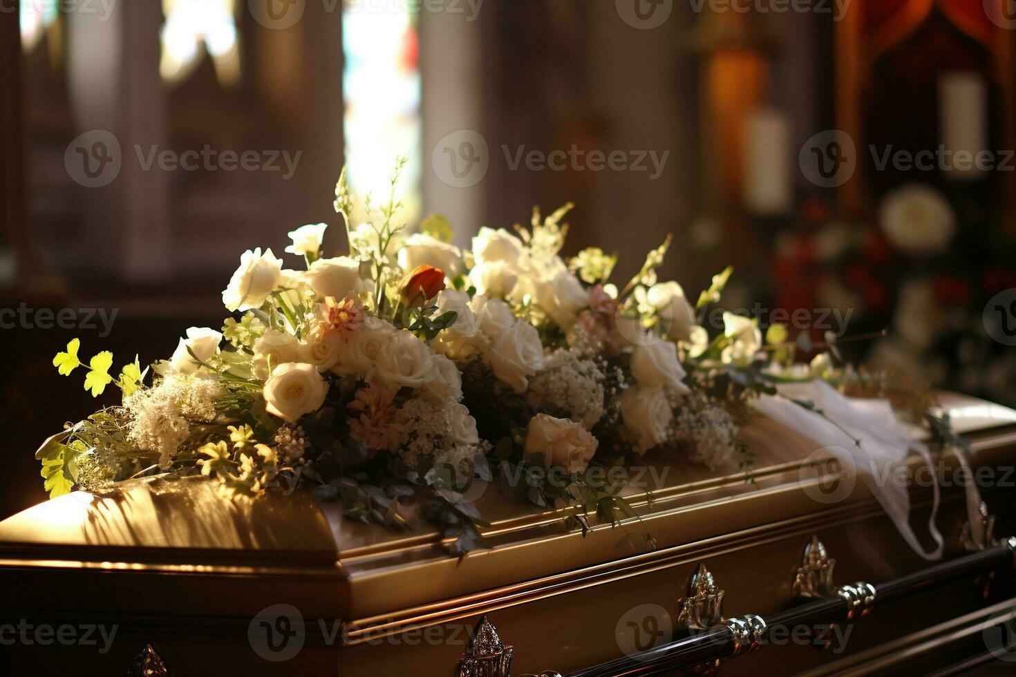 Beautiful flowers in a coffin at a funeral AI generated photo