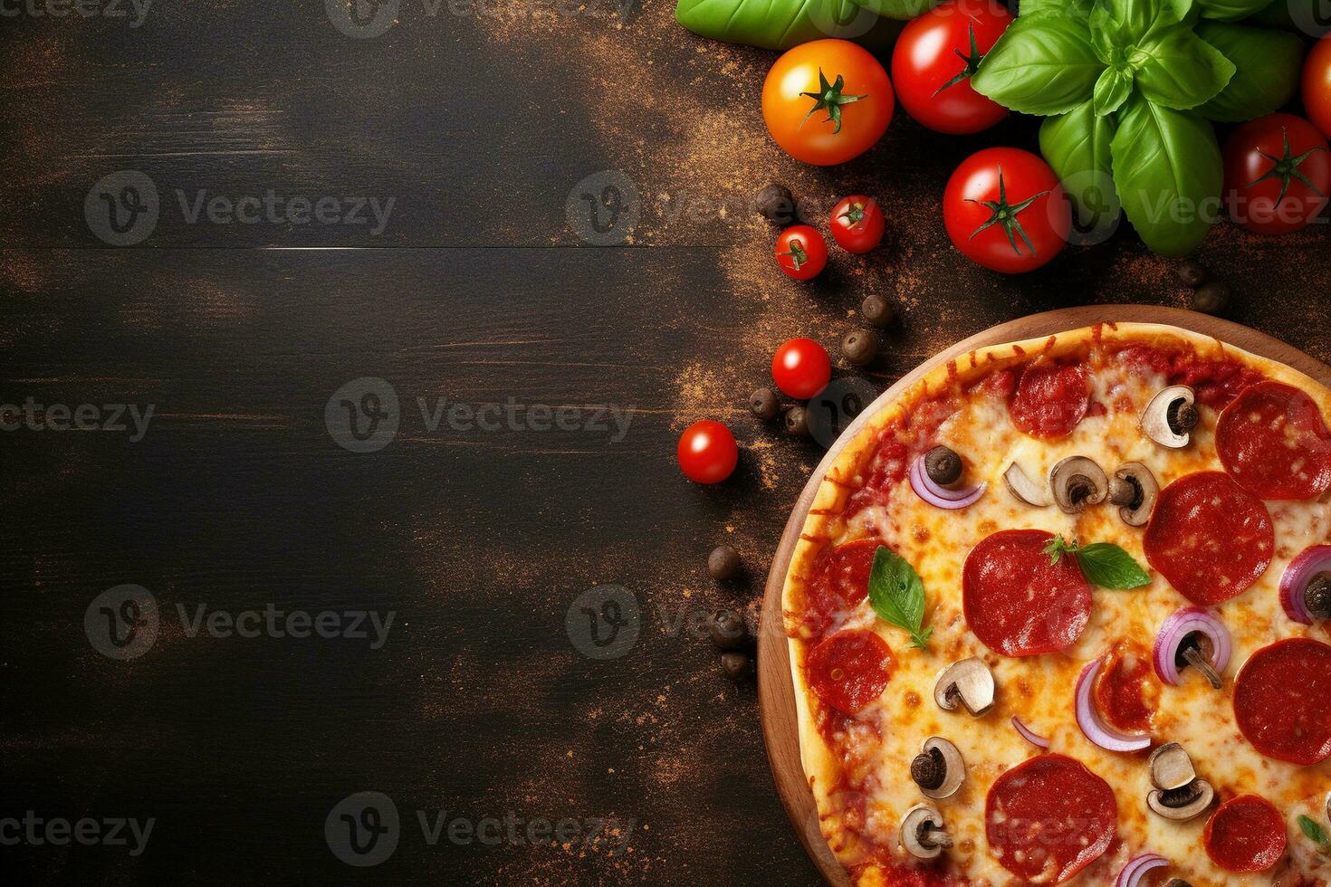 Pepperoni pizza on a Dark background. Top view with copy space. AI generated photo