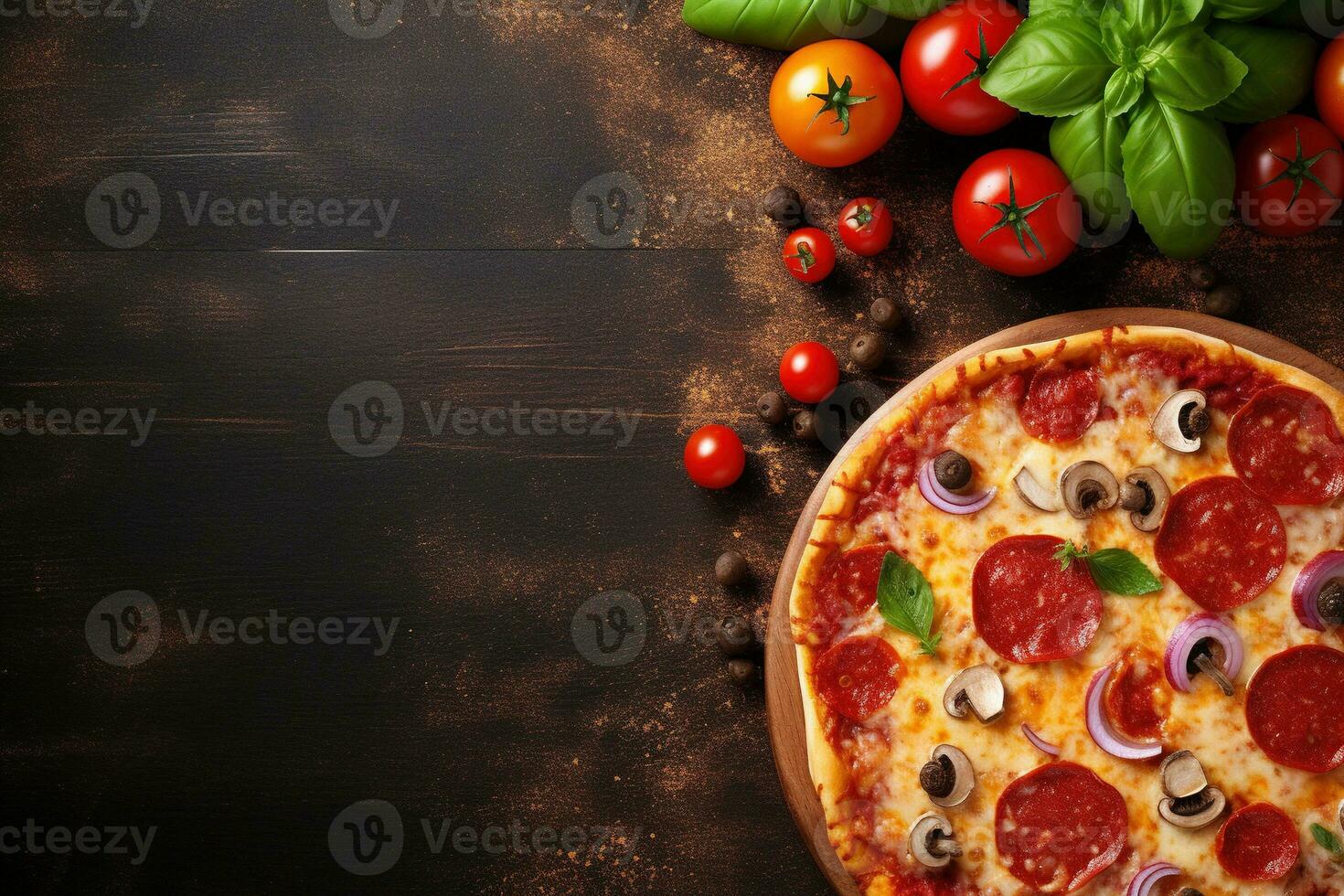 pepperoni Pizza en un oscuro antecedentes. parte superior ver con Copiar espacio. ai generado foto