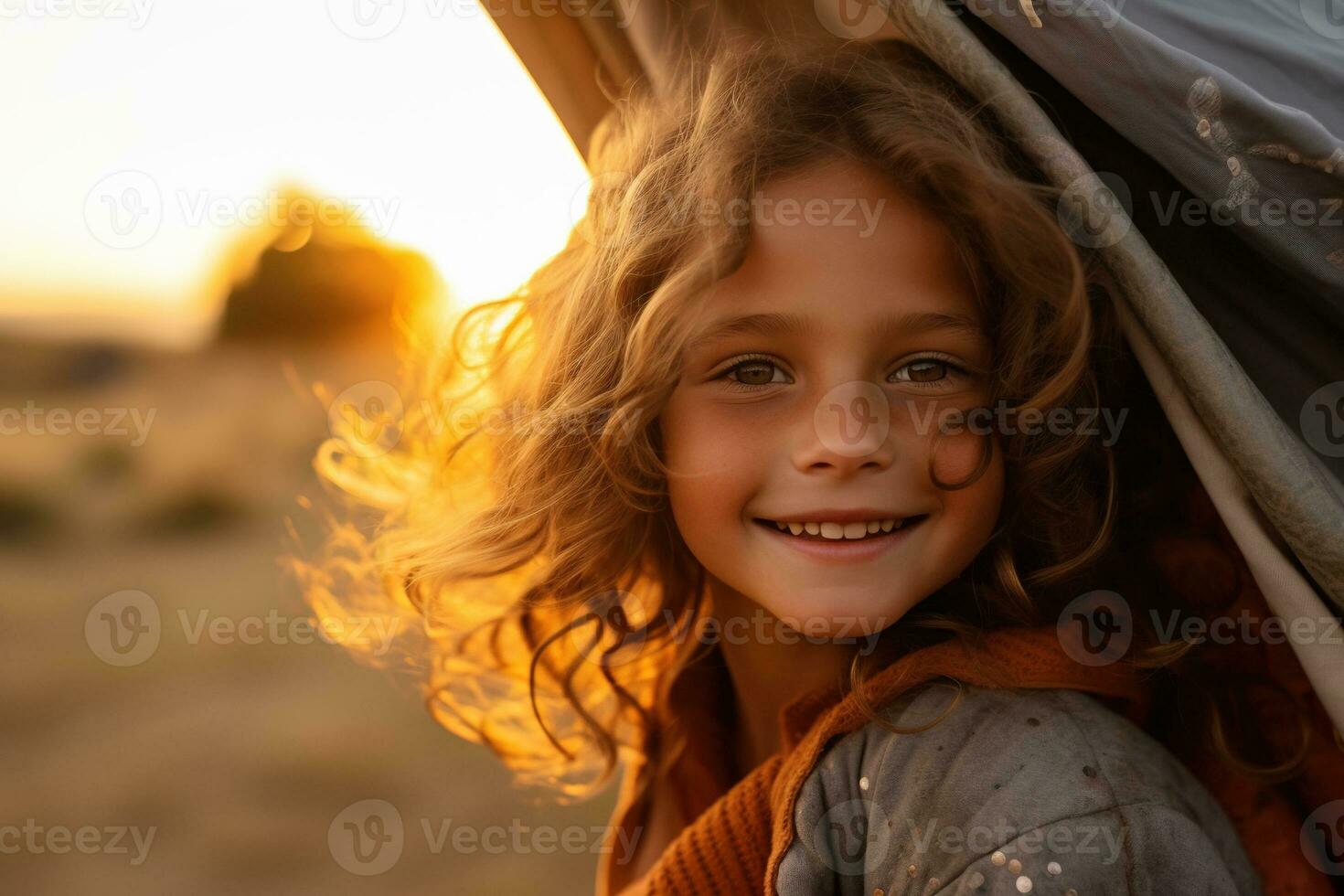 Portrait of cute little girl at camera while standing near camping tent at sunset AI generated photo