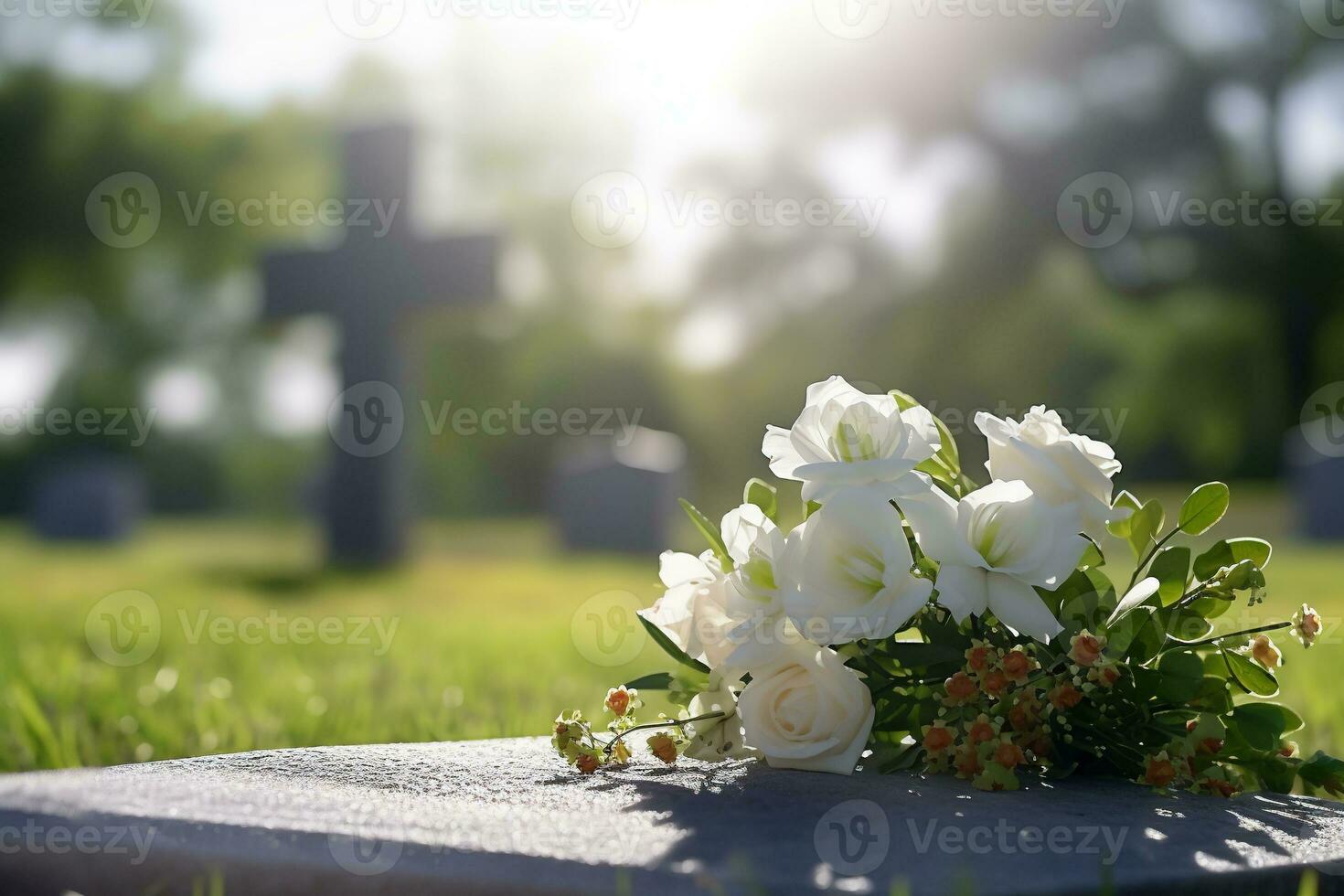 white flowers in front of a gravestone at a cemetery with sunset.Funeral Concept AI generated photo