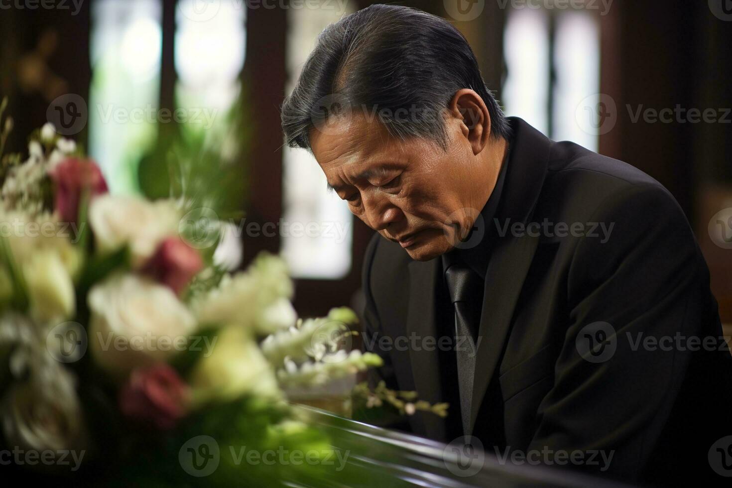 Elderly asian man with funeral sorrow and flowers in church AI generated photo