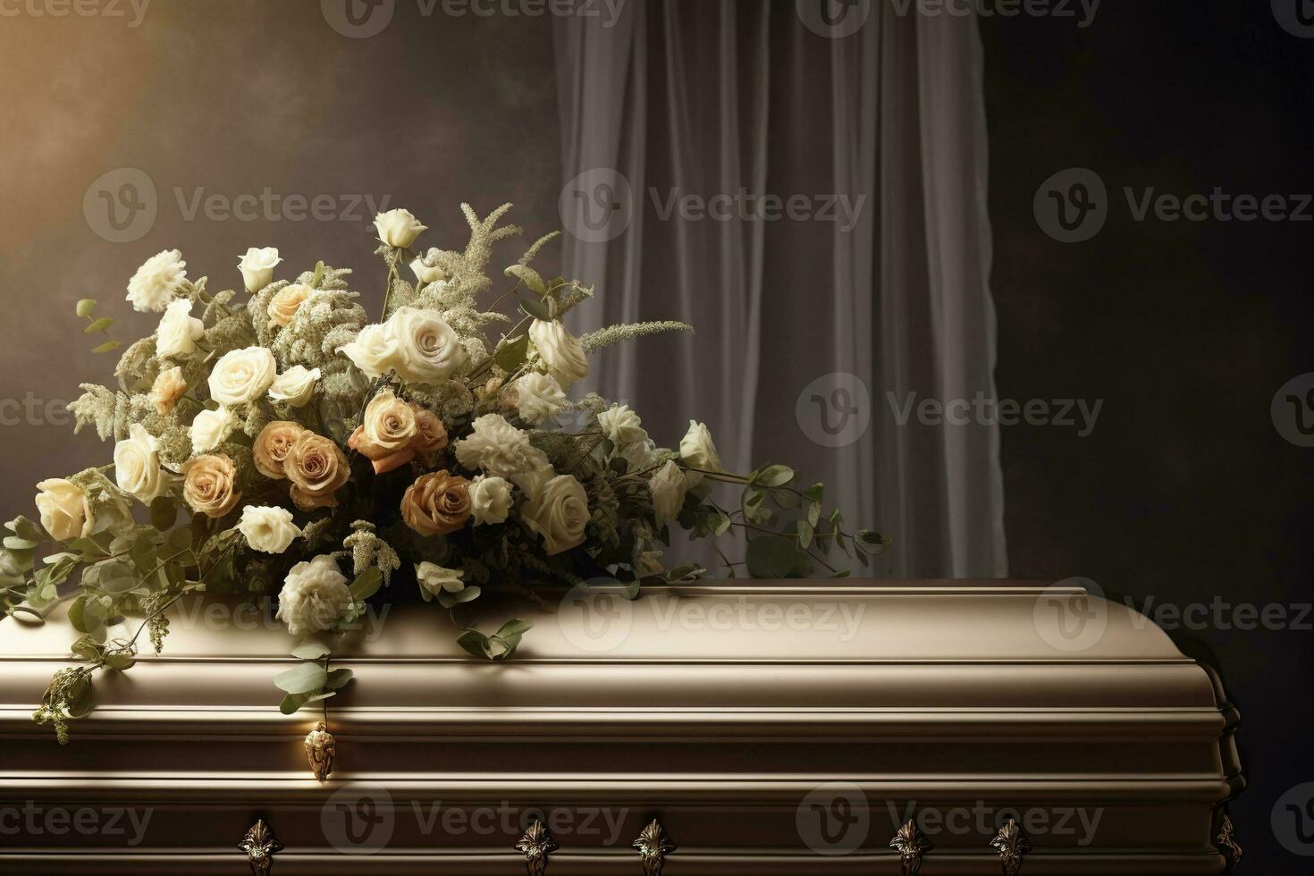 White coffin with flowers. The concept of funeral. AI generated photo