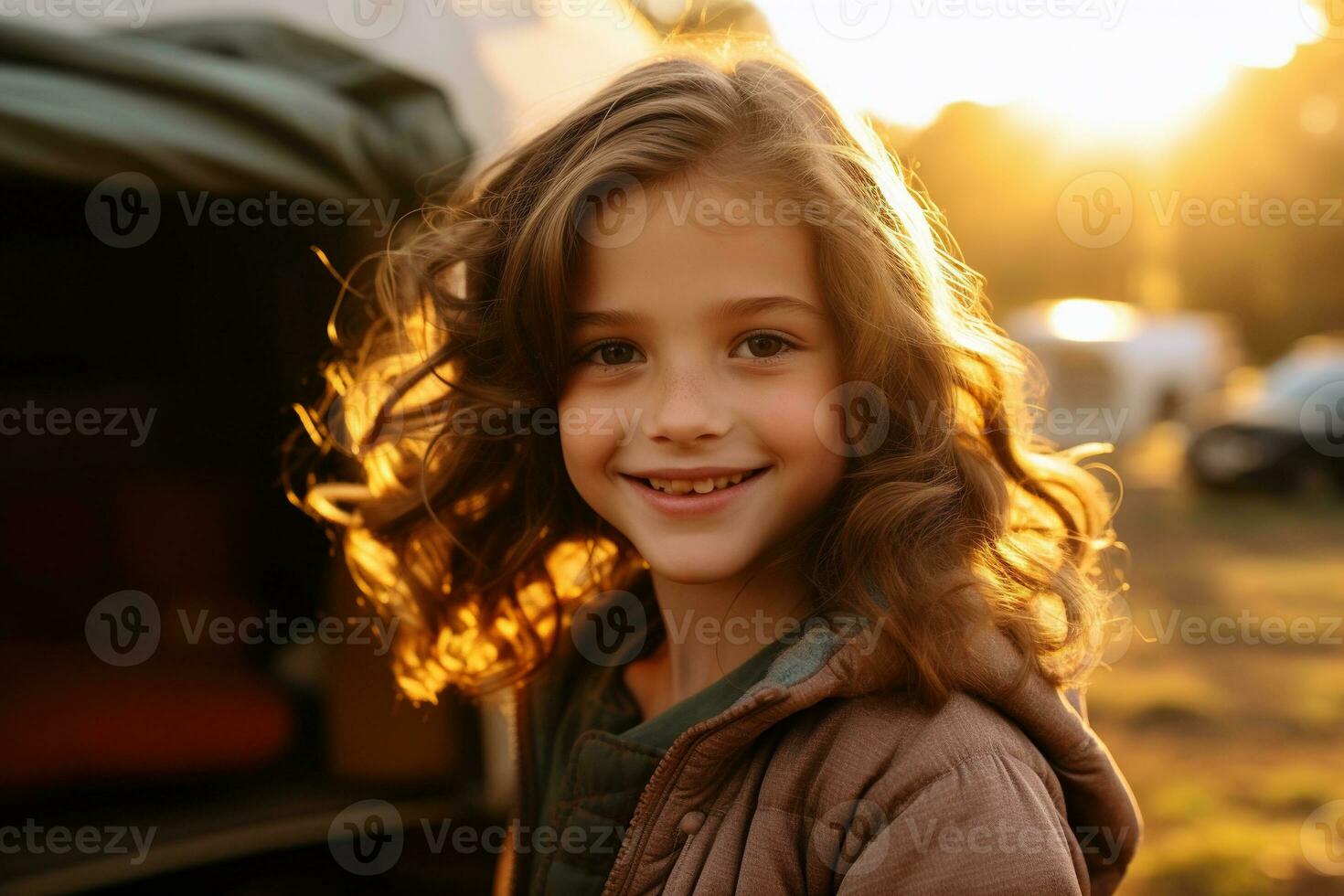 Portrait of cute little girl at camera while standing near camping tent at sunset AI generated photo