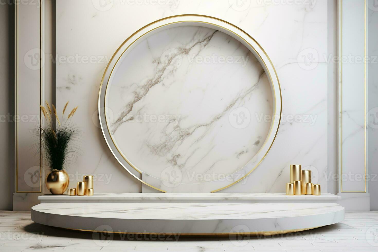 Minimalist white marble stage for product display. Podium, pedestal, exhibition, empty space photo