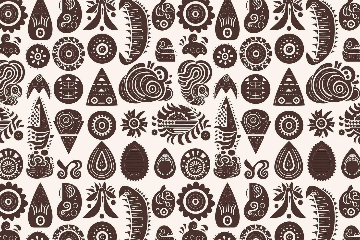 Brown and White Pattern with Leaves, Flowers, Spirals, and Geometric Shape vector