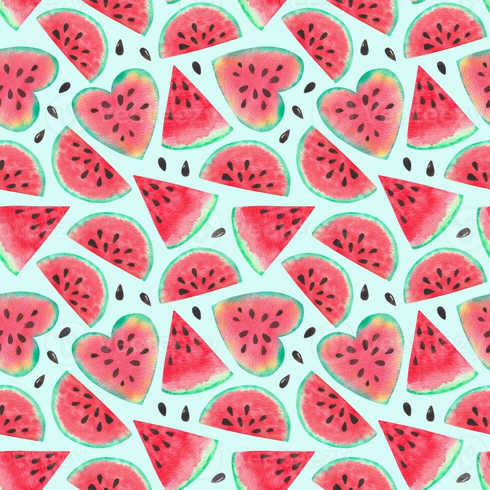 Watermelon watercolor seamless pattern. Summer juicy print photo