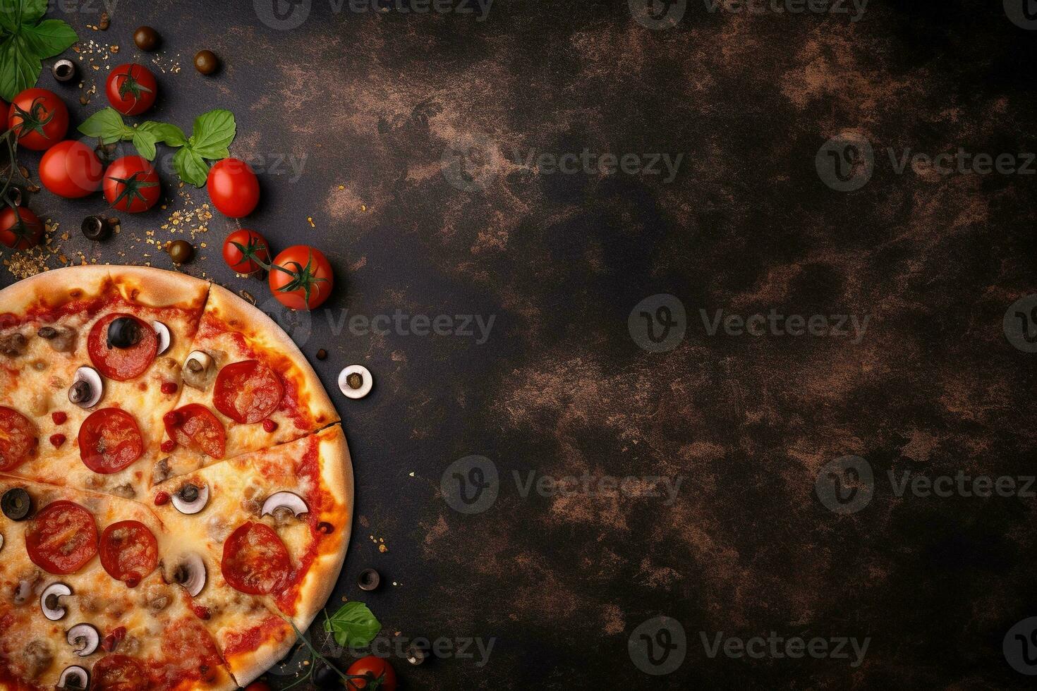 pepperoni Pizza en un oscuro antecedentes. parte superior ver con Copiar espacio. ai generado foto