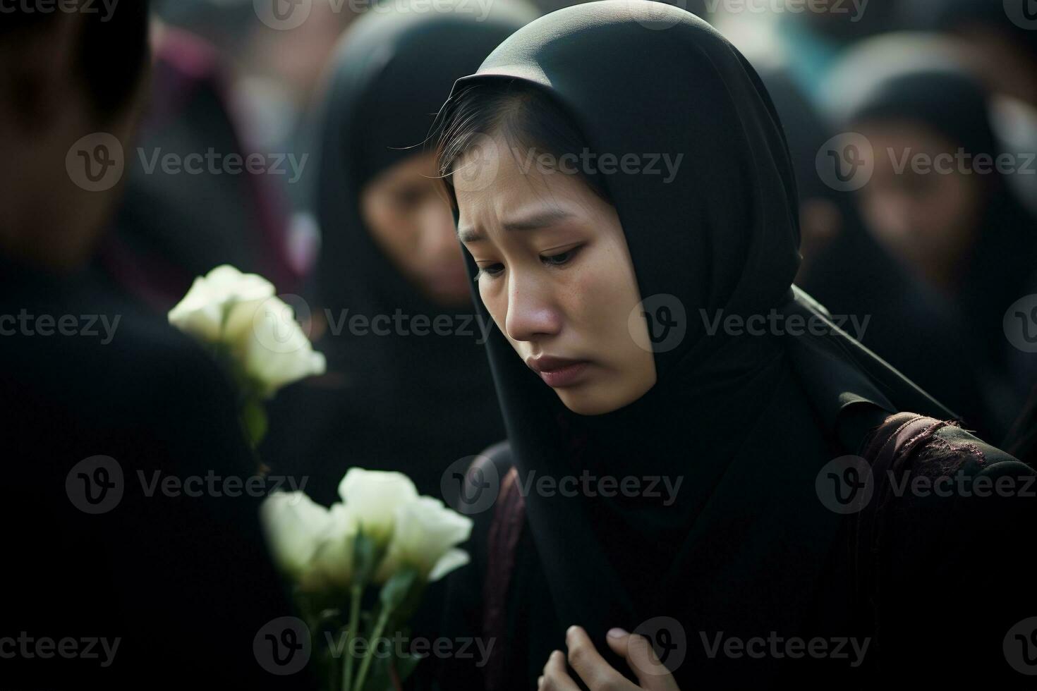 Asian woman in mourning at a funeral, shallow depth of field.Funeral Concept AI generated photo