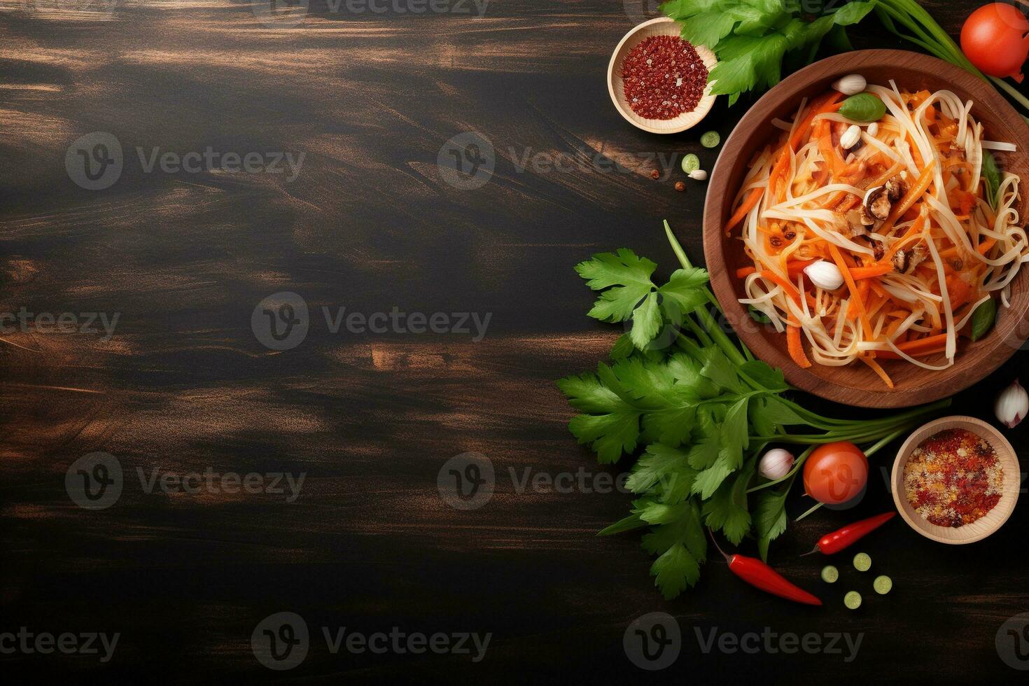 Thai food Som tum, Spicy green papaya salad.Top view AI generated photo
