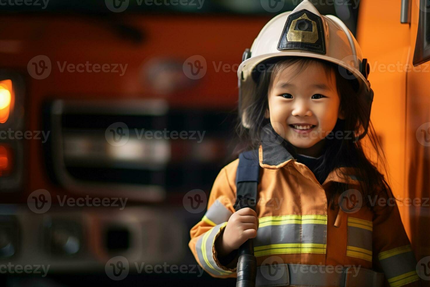 Portrait of a cute little asian girl wearing a firefighter uniform AI generated photo
