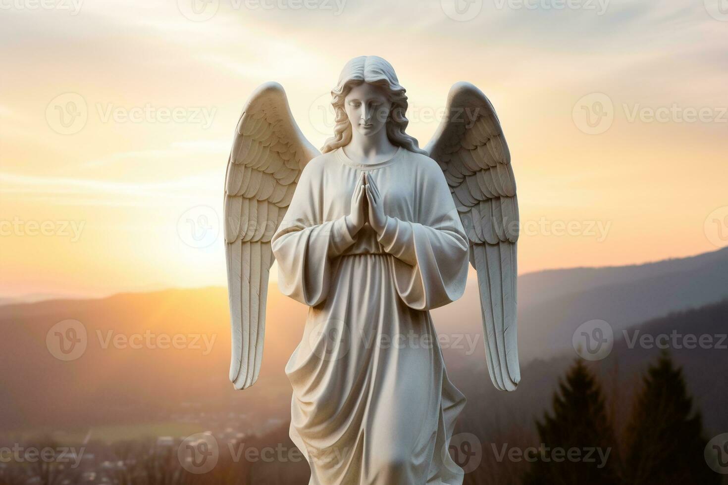 Angel statue with sunrise in the background, religion and spirituality concept. AI generated photo