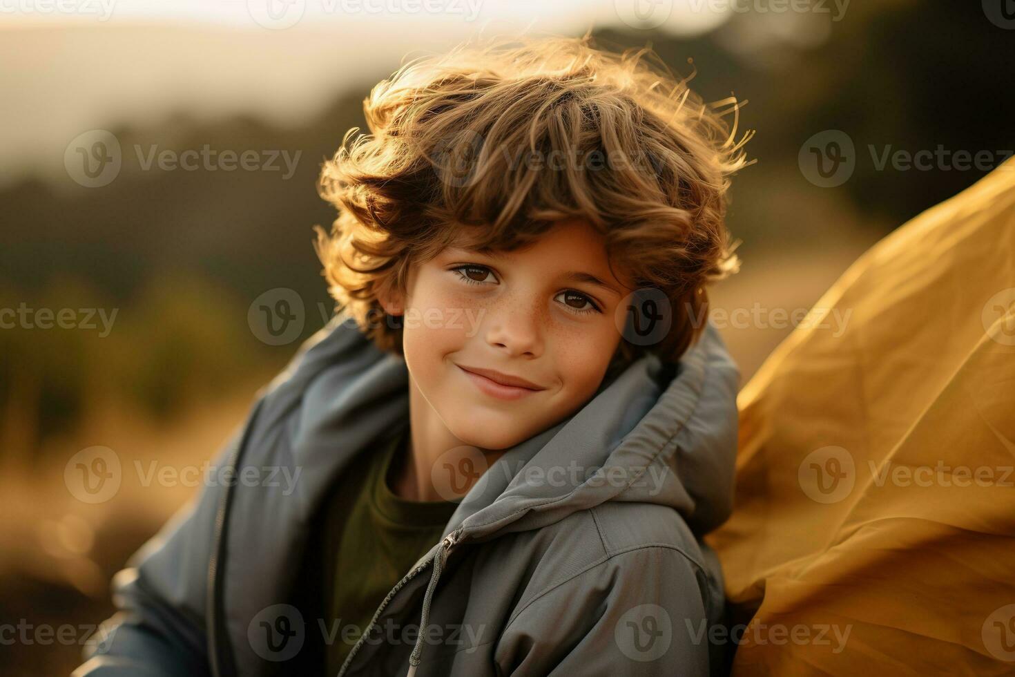 Portrait of a cute boy looking at camera while near his tent in nature AI generated photo