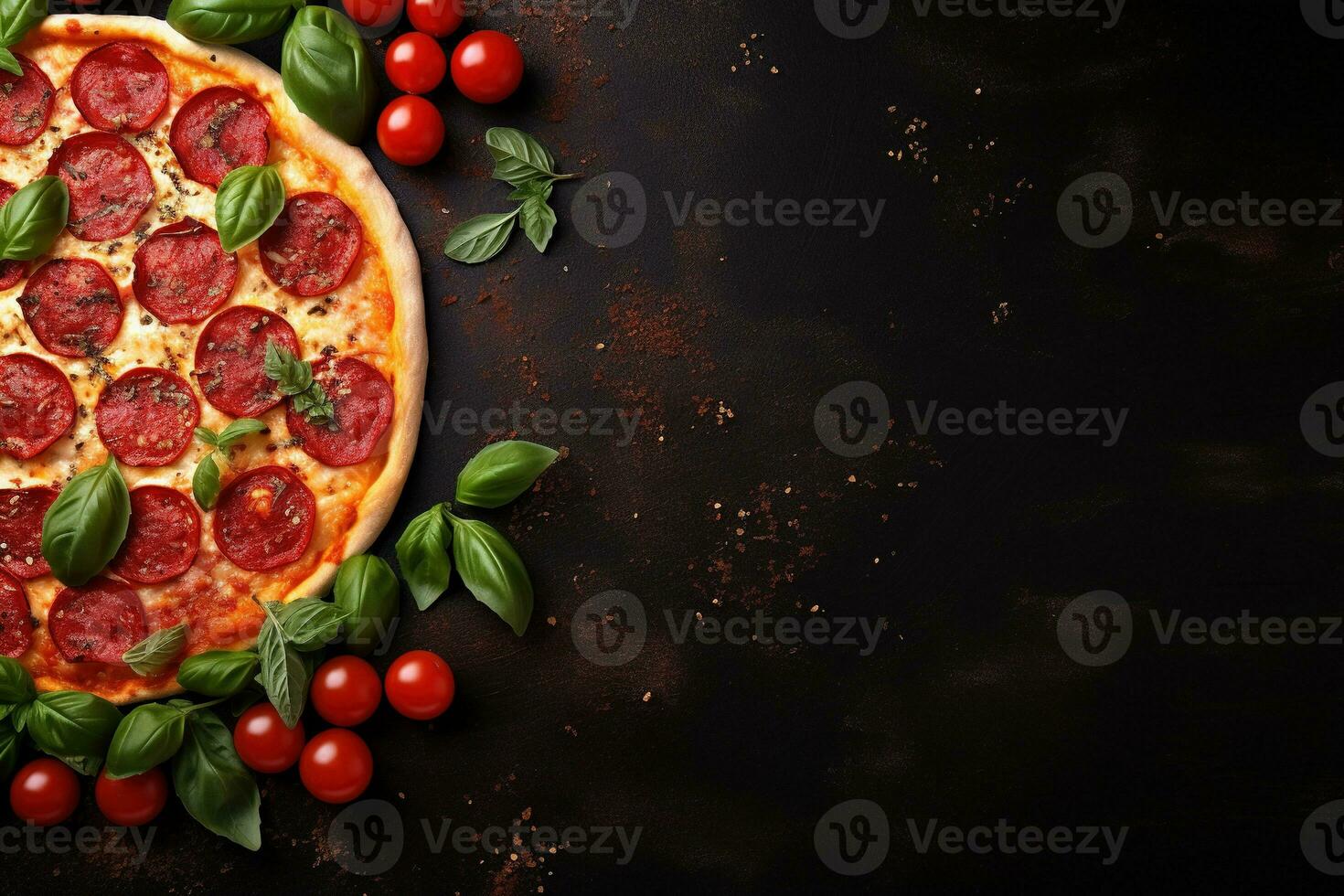 pepperoni Pizza en un oscuro antecedentes. parte superior ver con Copiar espacio. ai generado foto