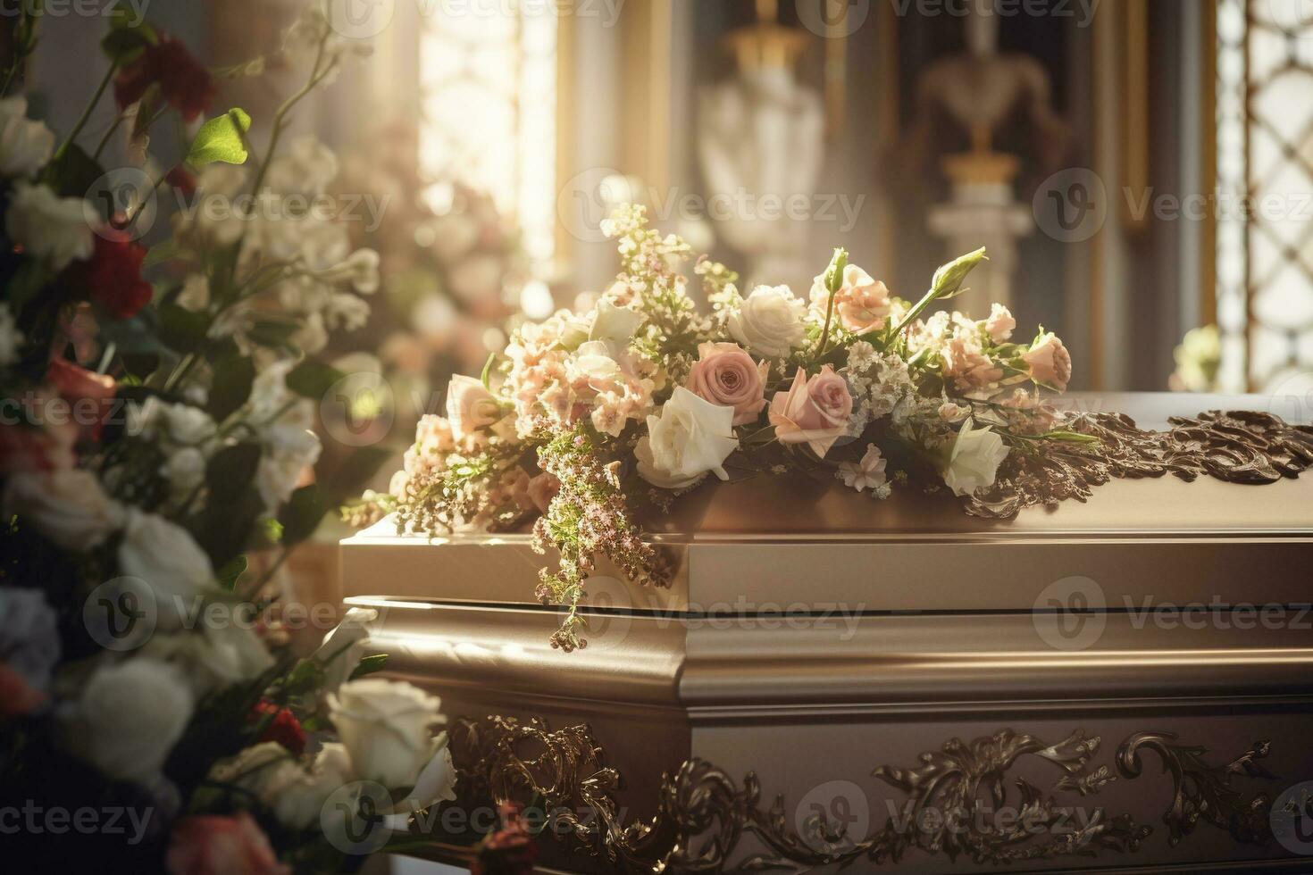 Beautiful flowers in a coffin at a funeral AI generated photo