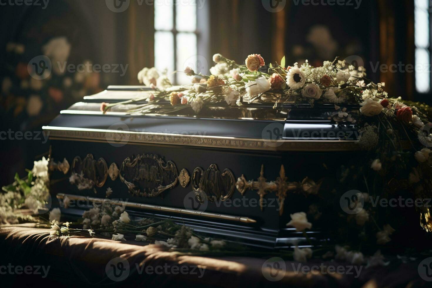 closeup shot of a casket in a hearse or chapel before funeral or burial at cemetery AI generated photo