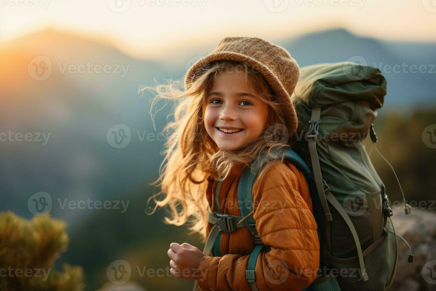 little girl with backpack hiking on mountain peak at sunset, travel and adventure concept AI generated photo