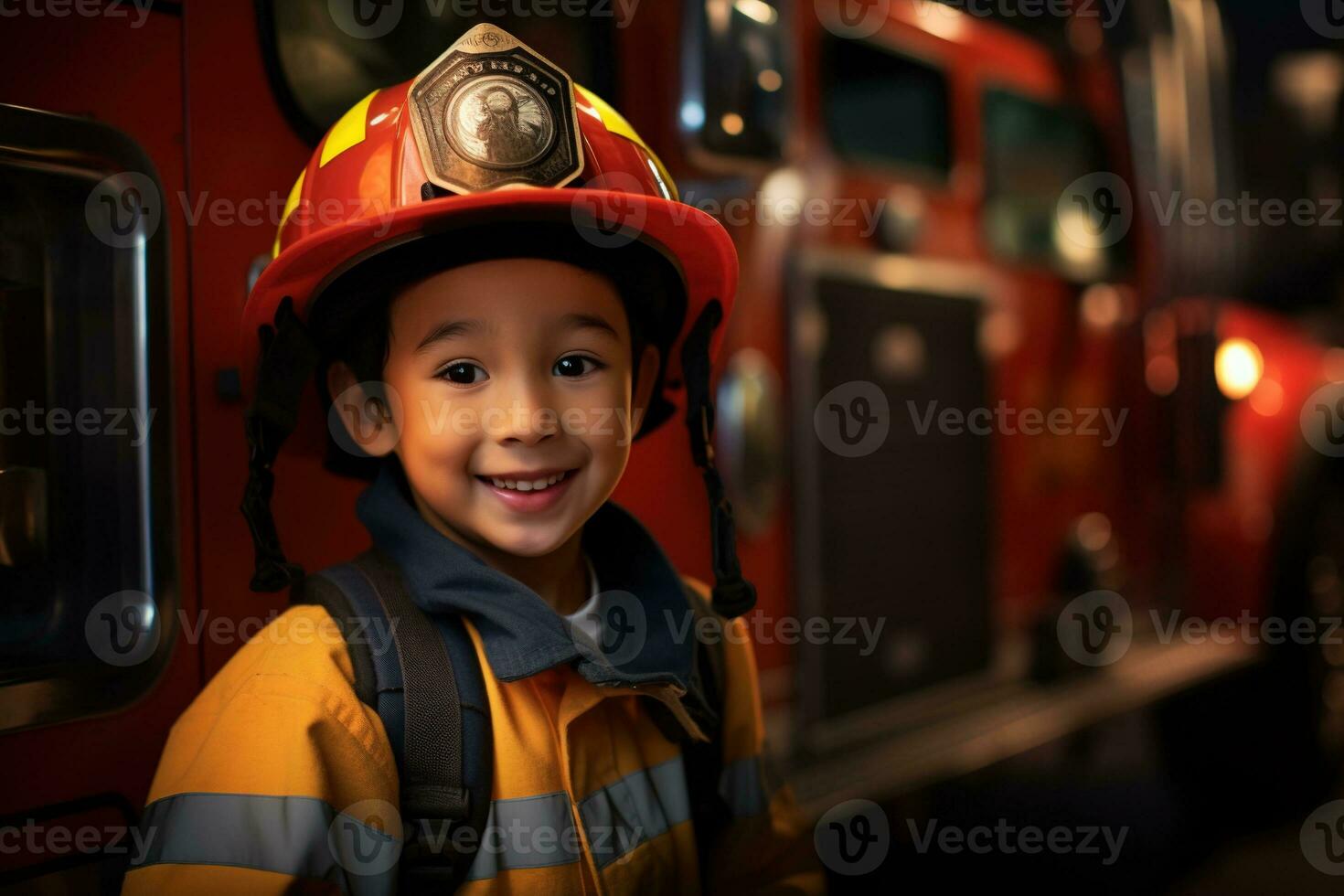 Portrait of cute little boy wearing firefighter uniform in the fire department AI generated photo