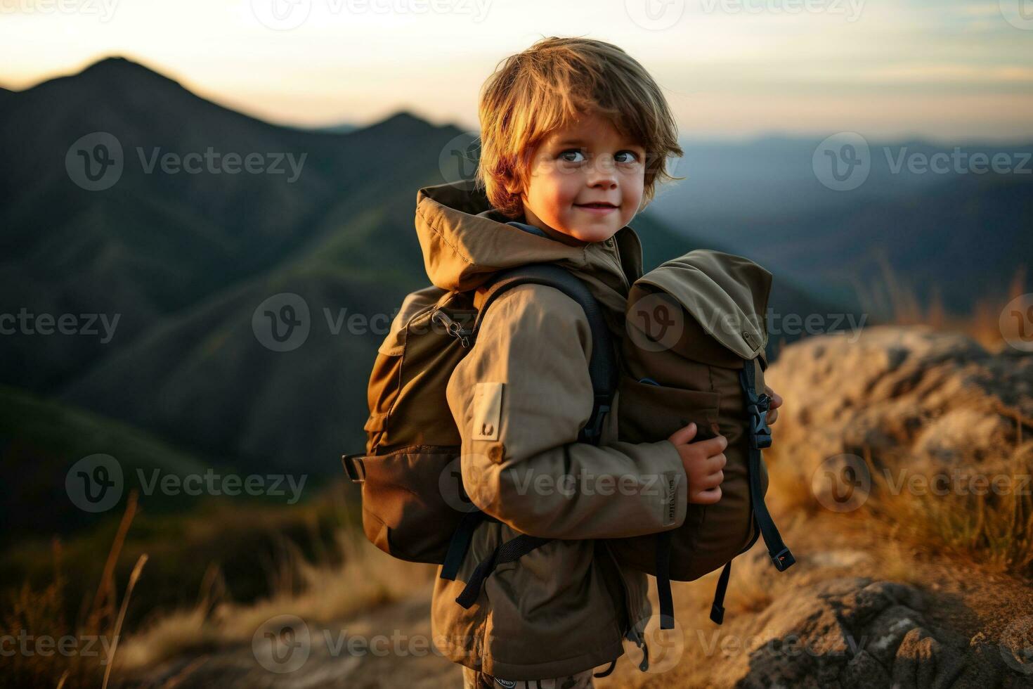 Adorable little boy with backpack hiking in mountains at sunset. Travel and active lifestyle concept AI generated photo