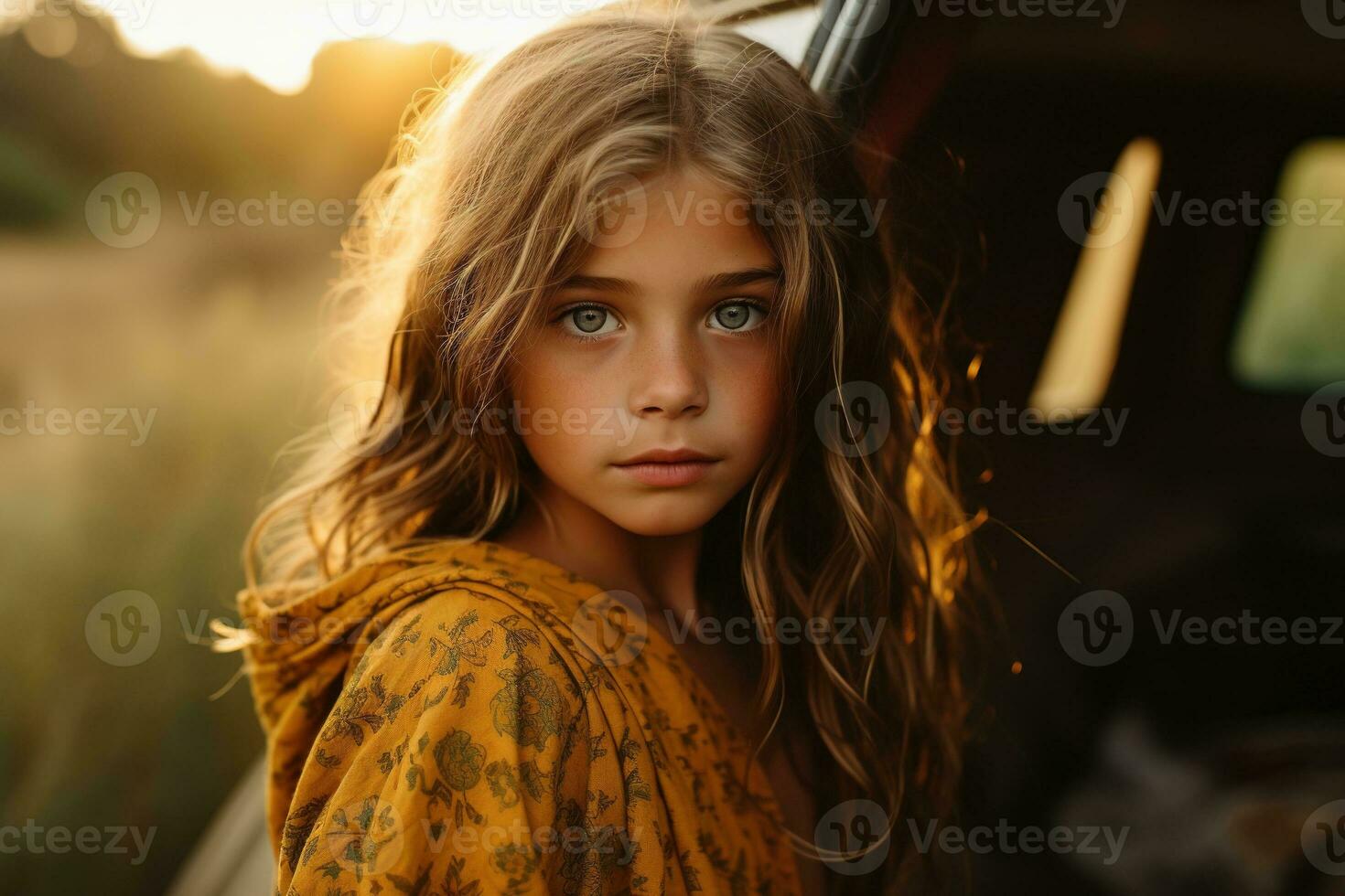 retrato de linda pequeño niña a cámara mientras en pie cerca cámping tienda a puesta de sol ai generado foto