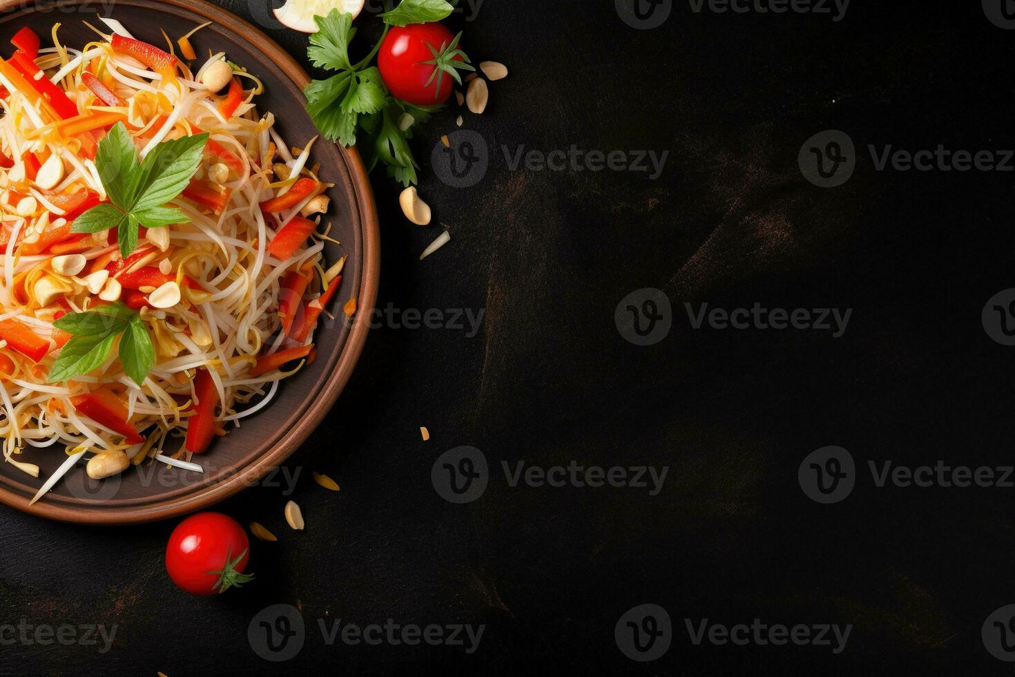 Thai food Som tum, Spicy green papaya salad.Top view AI generated photo