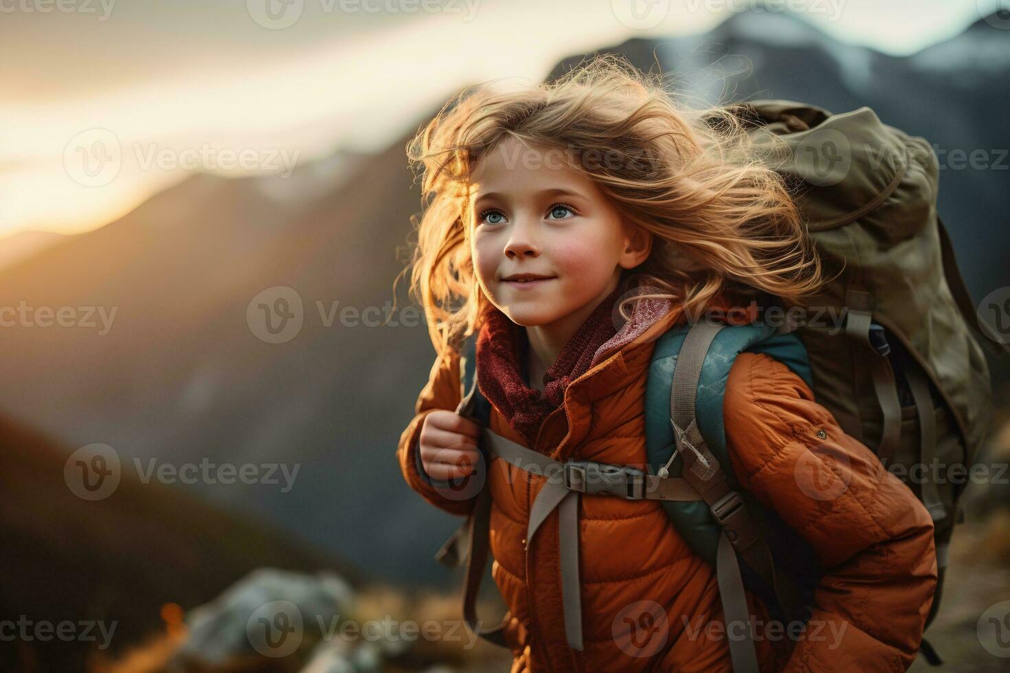 pequeño niña con mochila excursionismo en montaña pico a atardecer, viaje y aventuras concepto ai generado foto