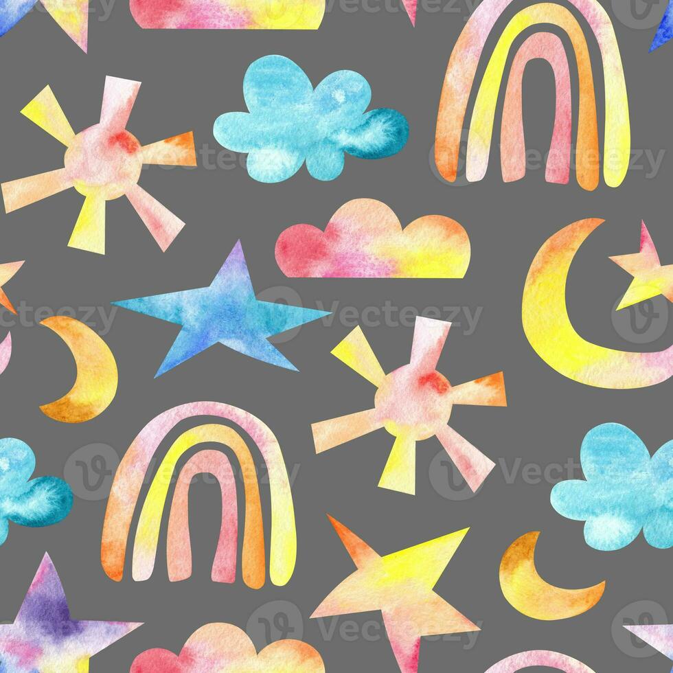 Watercolor children's rainbow print. Colorful seamless pattern of celestial elements. Rainbows, sun, stars, clouds photo