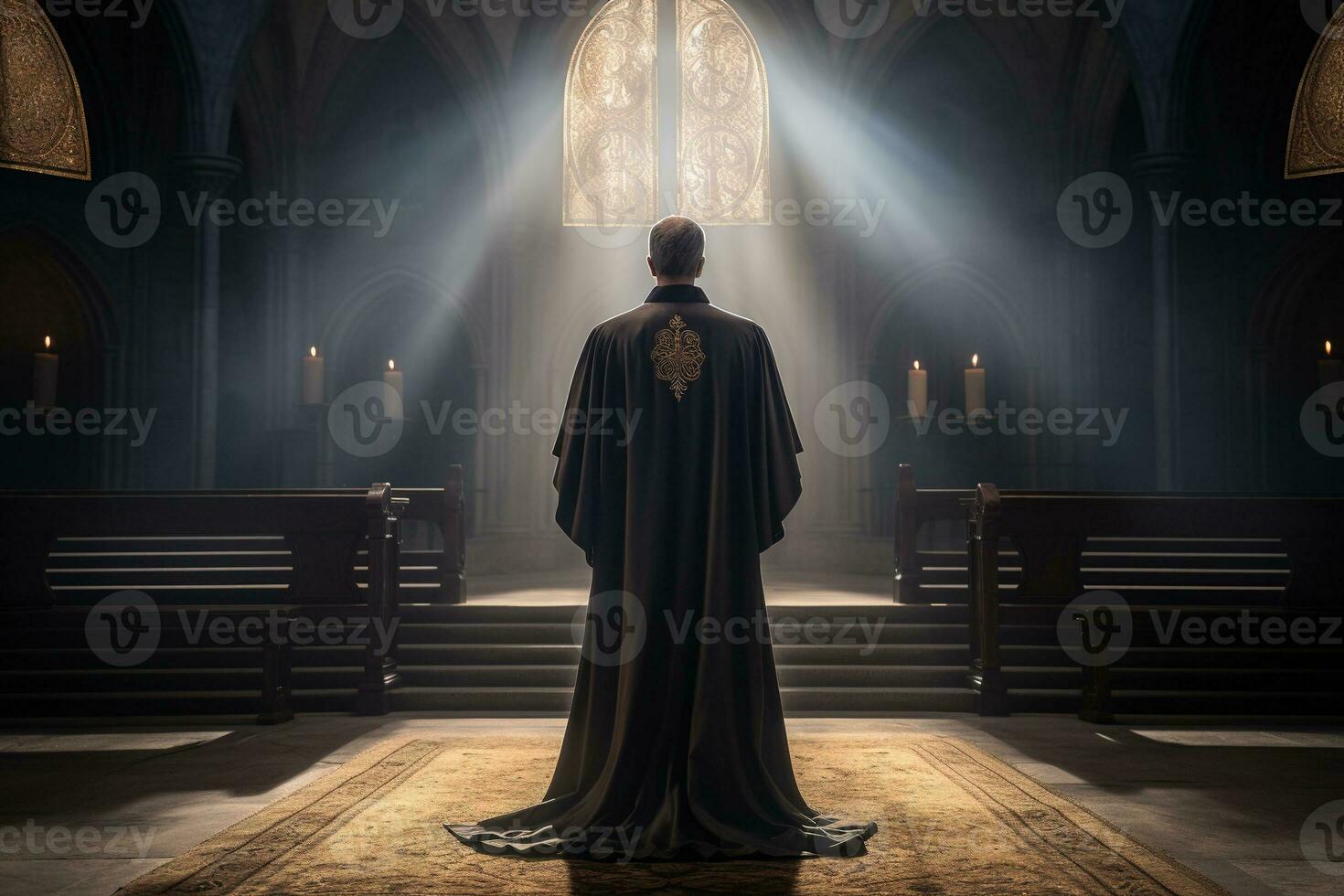 Rear view of priest looking at church interior. Religion concept. AI generated photo