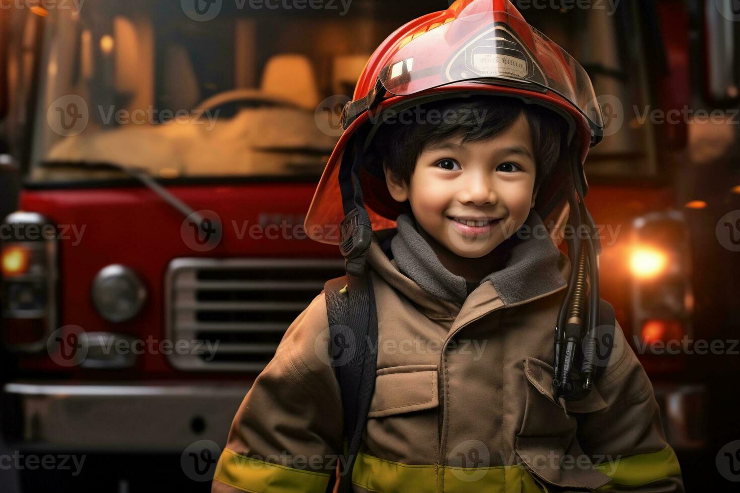 Portrait of cute little boy wearing firefighter uniform in the fire department AI generated photo