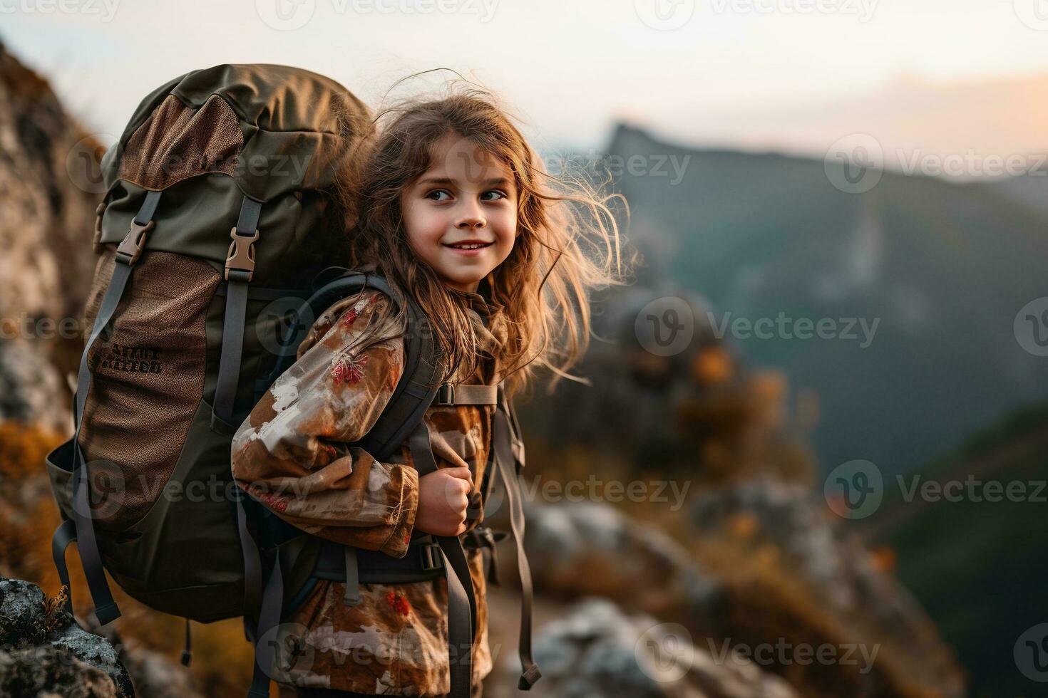 little girl with backpack hiking on mountain peak at sunset, travel and adventure concept AI generated photo