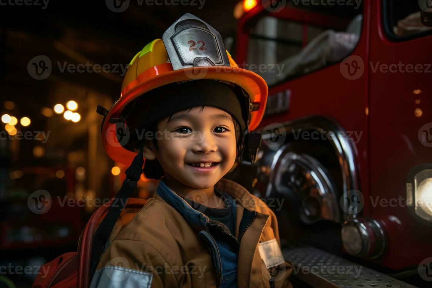 Portrait of cute little boy wearing firefighter uniform in the fire department AI generated photo