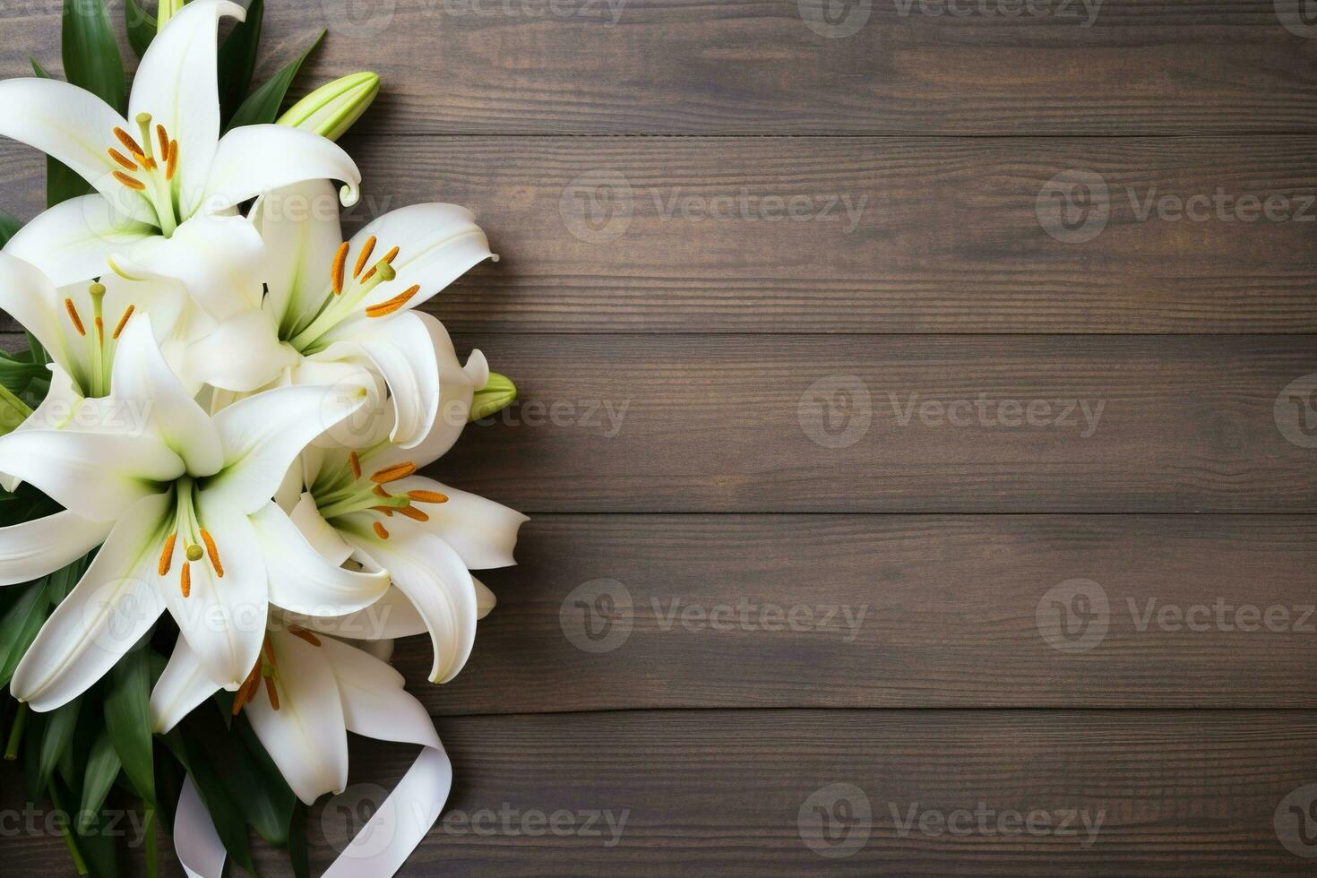 White lily flowers on wooden background. Top view with copy space.Funeral Concept AI generated photo