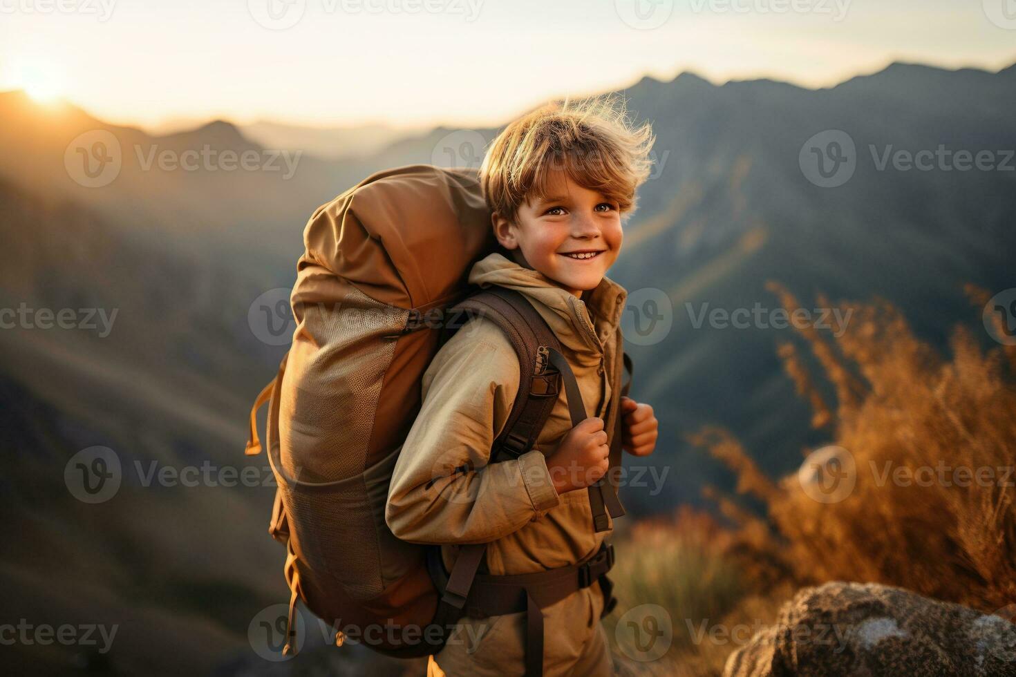 adorable pequeño chico con mochila excursionismo en montañas a puesta de sol. viaje y activo estilo de vida concepto ai generado foto