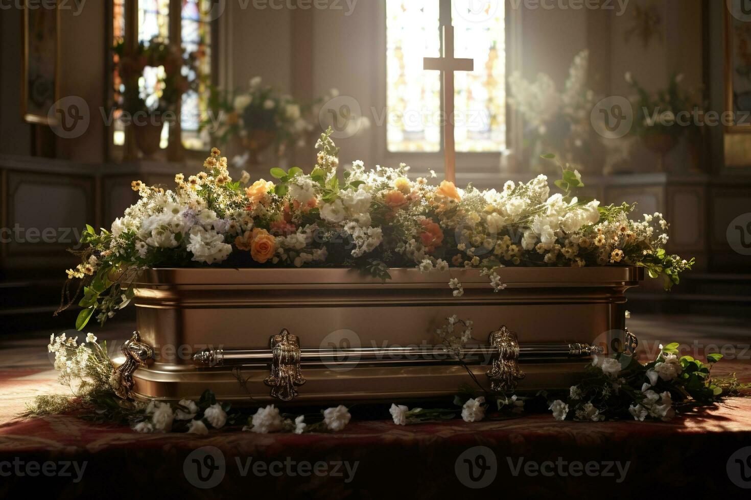 Beautiful flowers in a coffin at a funeral AI generated photo