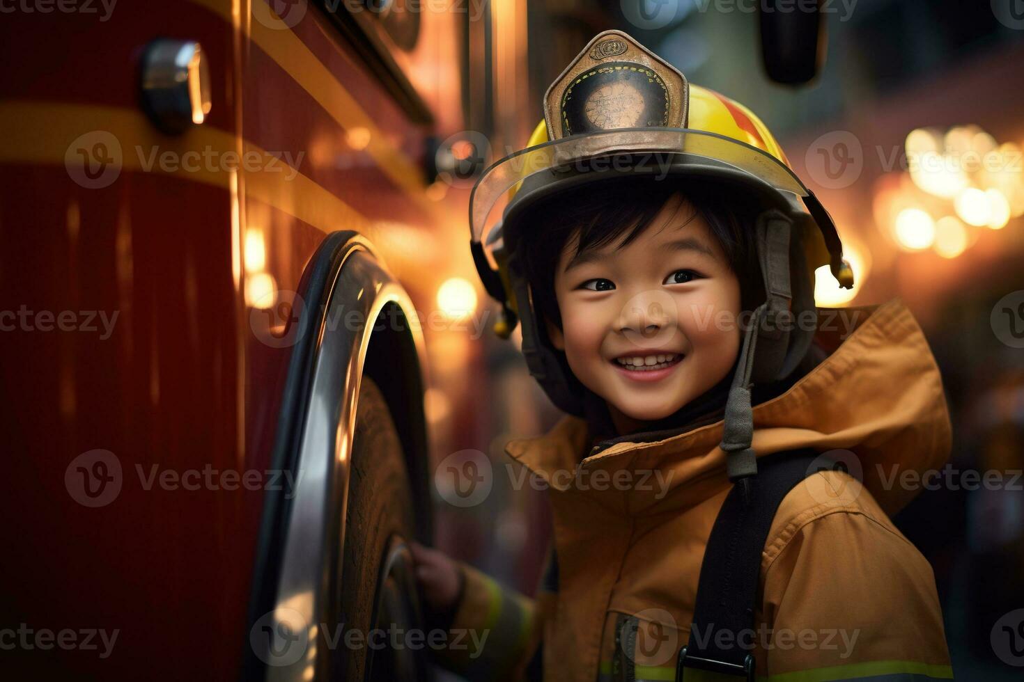 Portrait of cute little boy wearing firefighter uniform in the fire department AI generated photo