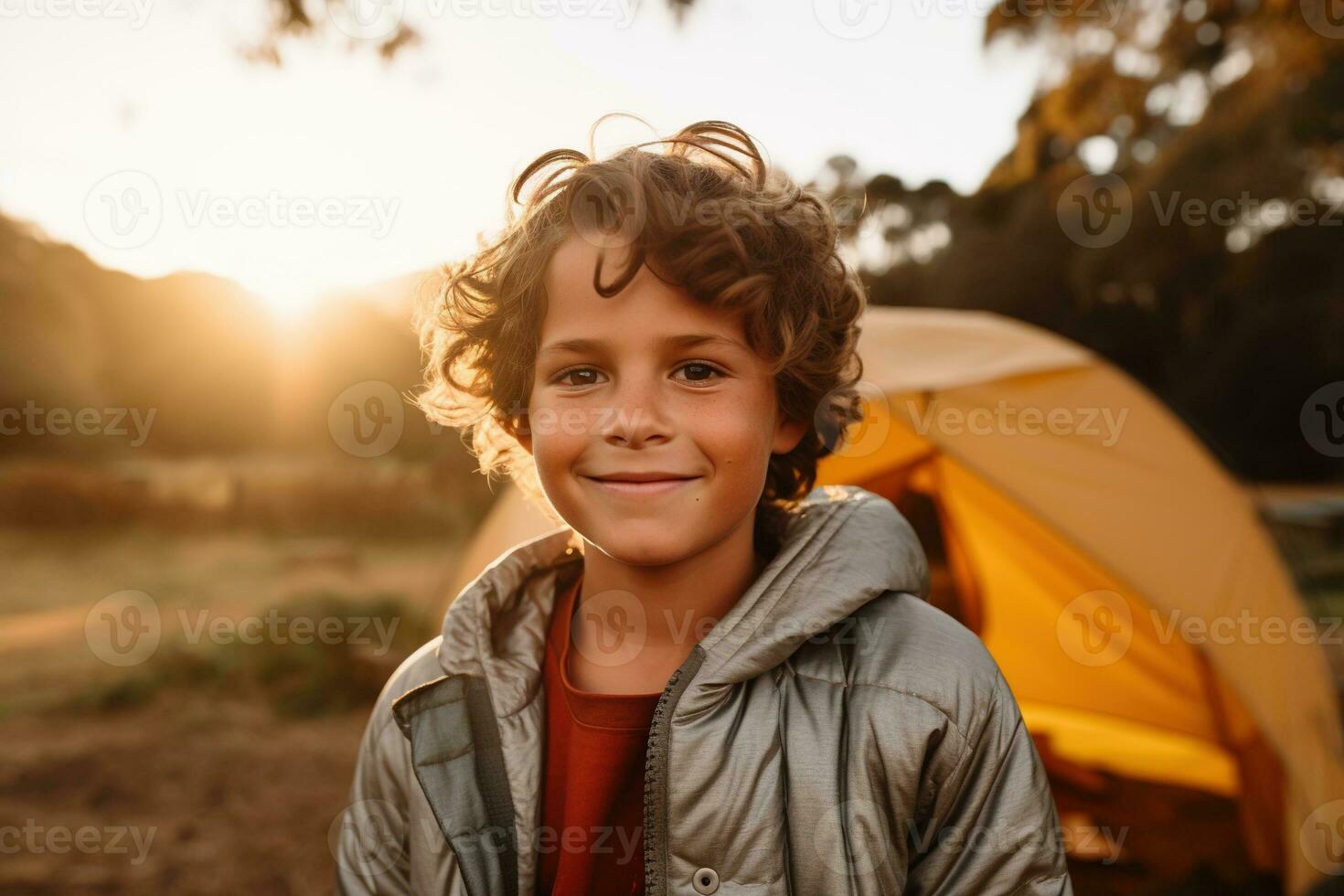 Portrait of a cute boy looking at camera while near his tent in nature AI generated photo