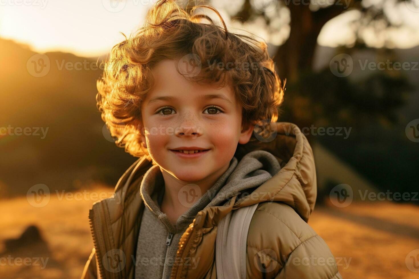 Portrait of a cute boy looking at camera while near his tent in nature AI generated photo