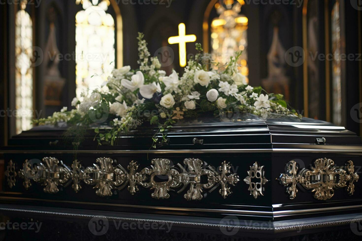 closeup shot of a casket in a hearse or chapel before funeral or burial at cemetery AI generated photo