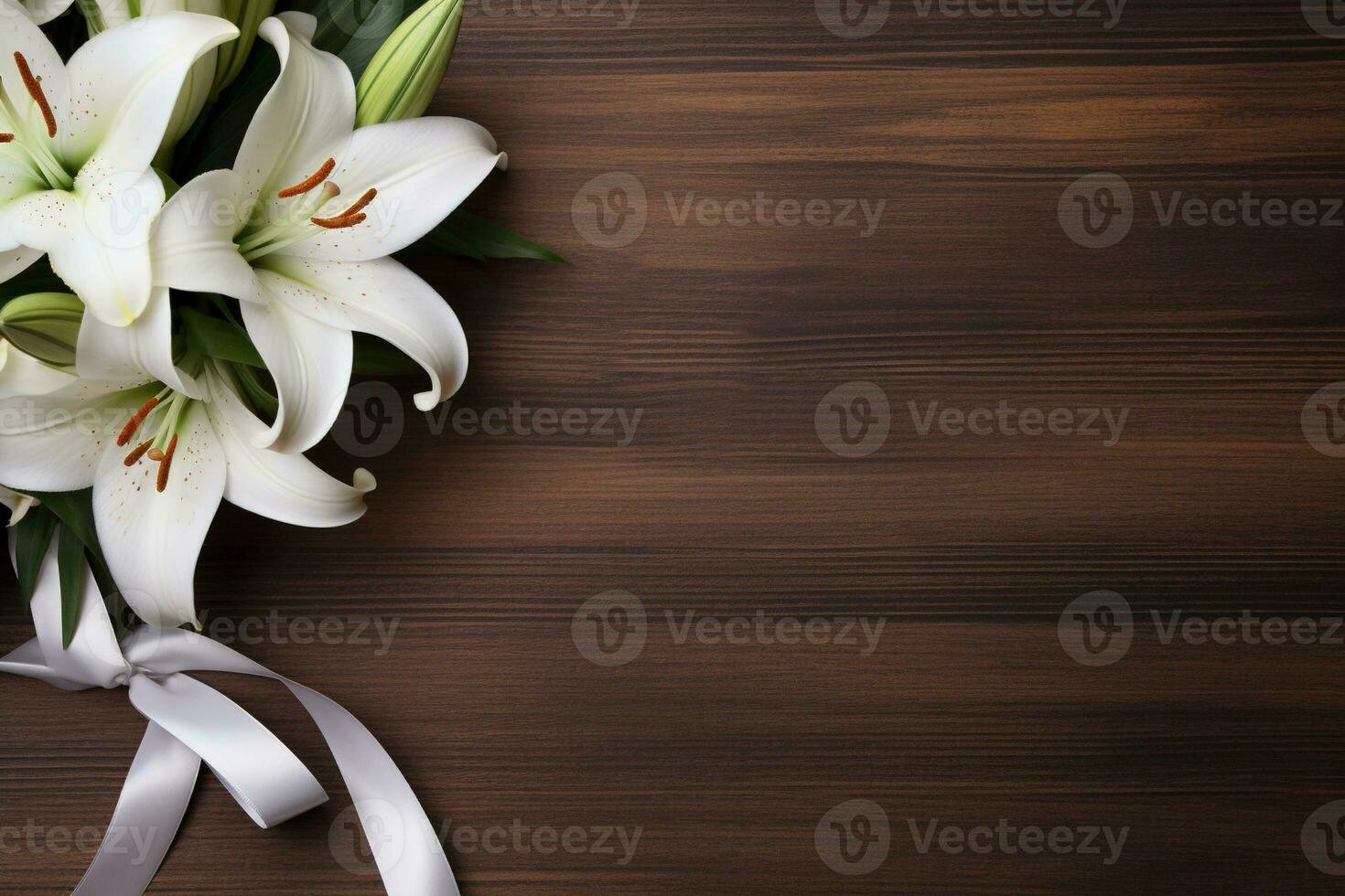 White lily flowers on wooden background. Top view with copy space.Funeral Concept AI generated photo