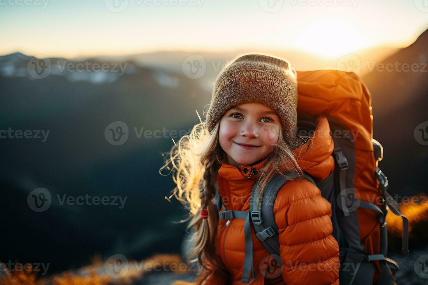 little girl with backpack hiking on mountain peak at sunset, travel and adventure concept AI generated photo