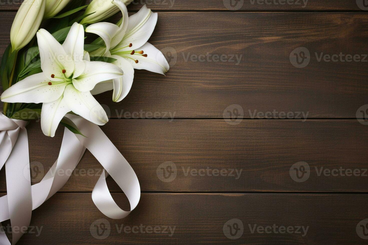 White lily flowers on wooden background. Top view with copy space.Funeral Concept AI generated photo