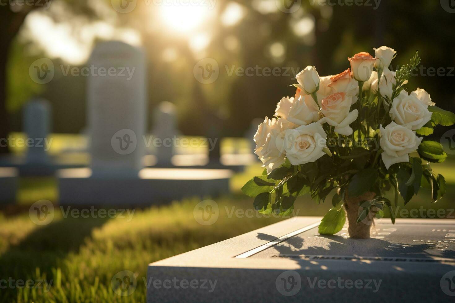 white flowers in front of a gravestone at a cemetery with sunset.Funeral Concept AI generated photo