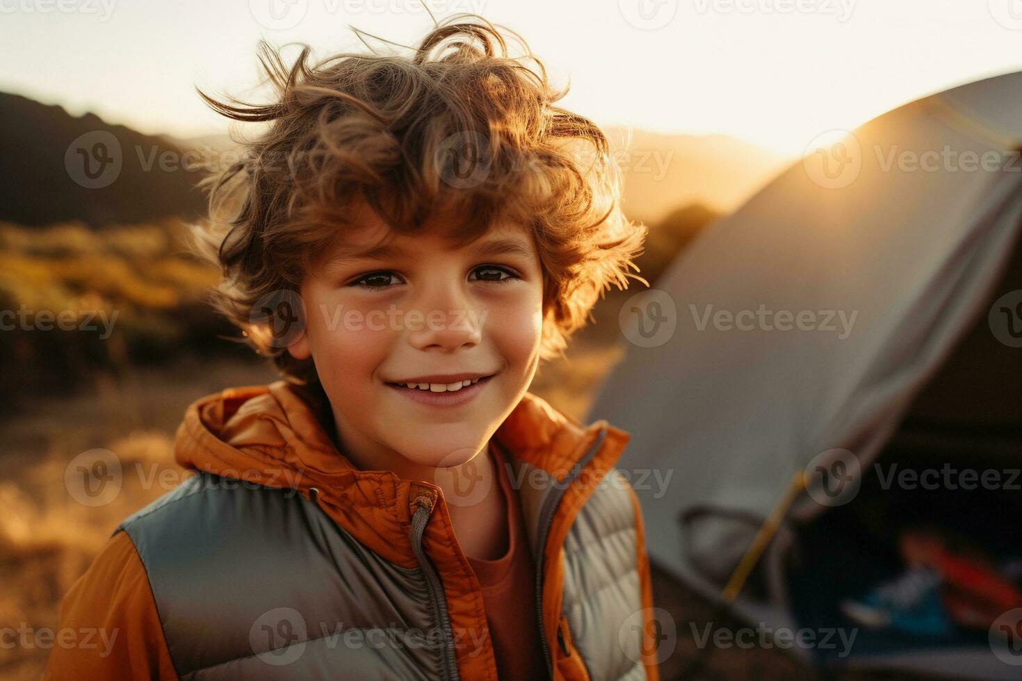 Portrait of a cute boy looking at camera while near his tent in nature AI generated photo