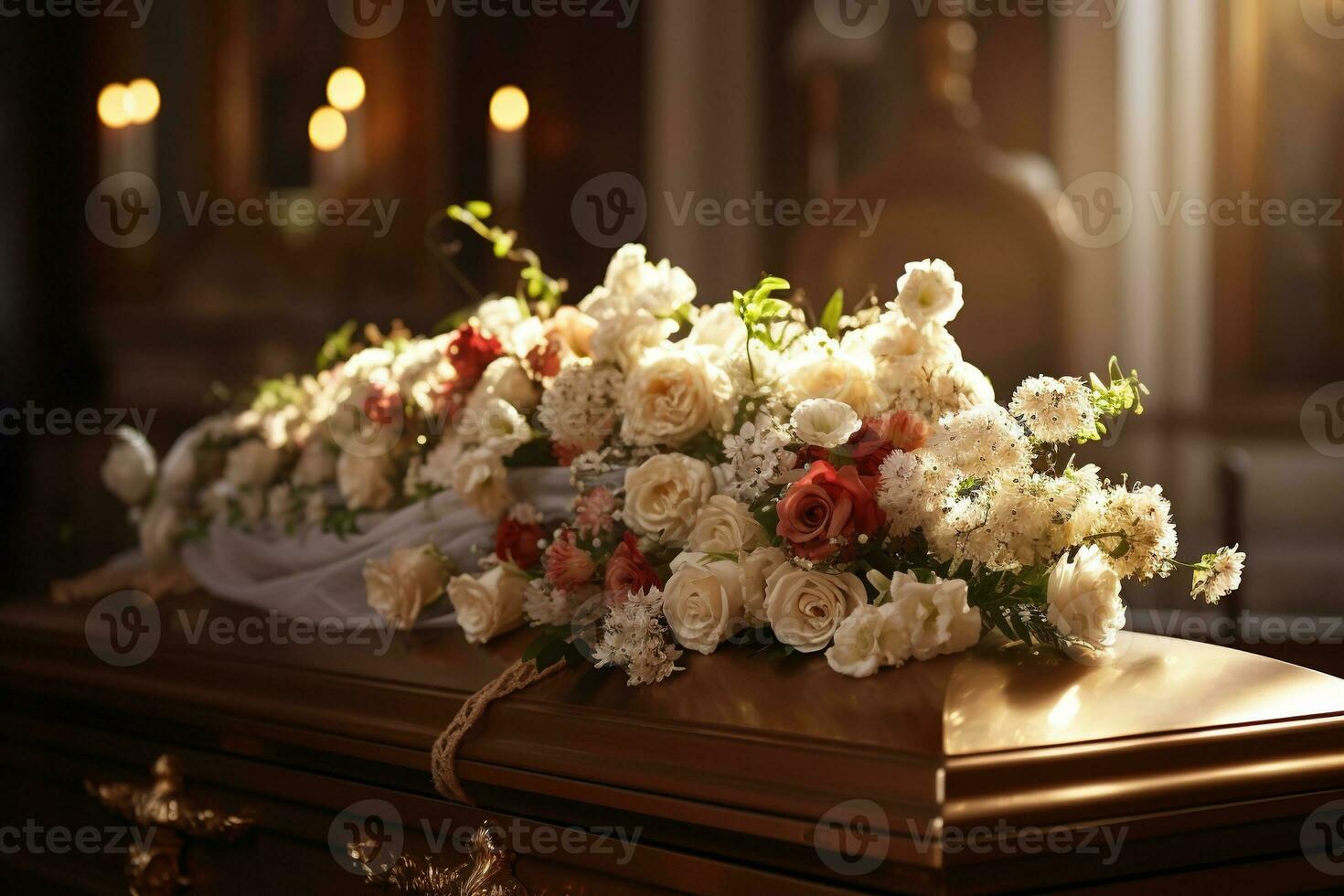 Beautiful flowers in a coffin at a funeral AI generated photo