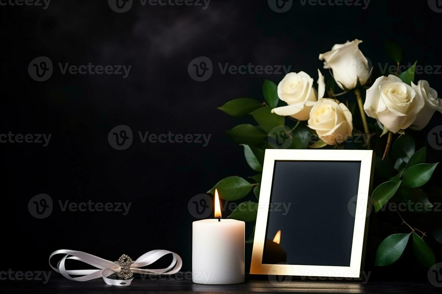 White roses with ribbon and photo frame on black background.Funeral Concept AI generated