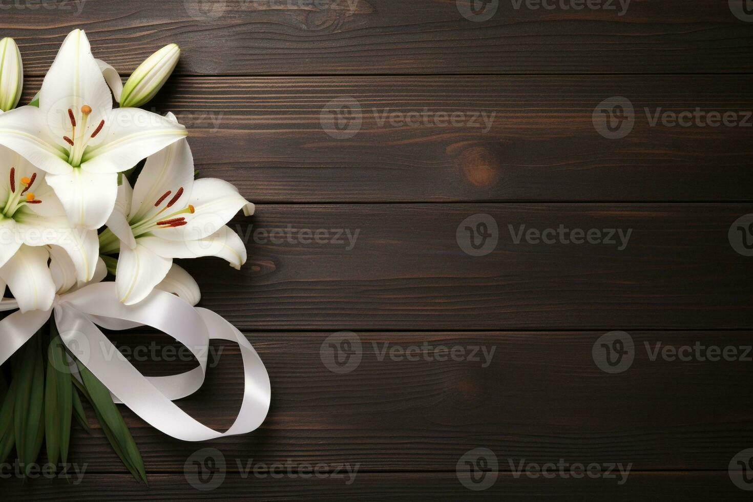 White lily flowers on wooden background. Top view with copy space.Funeral Concept AI generated photo