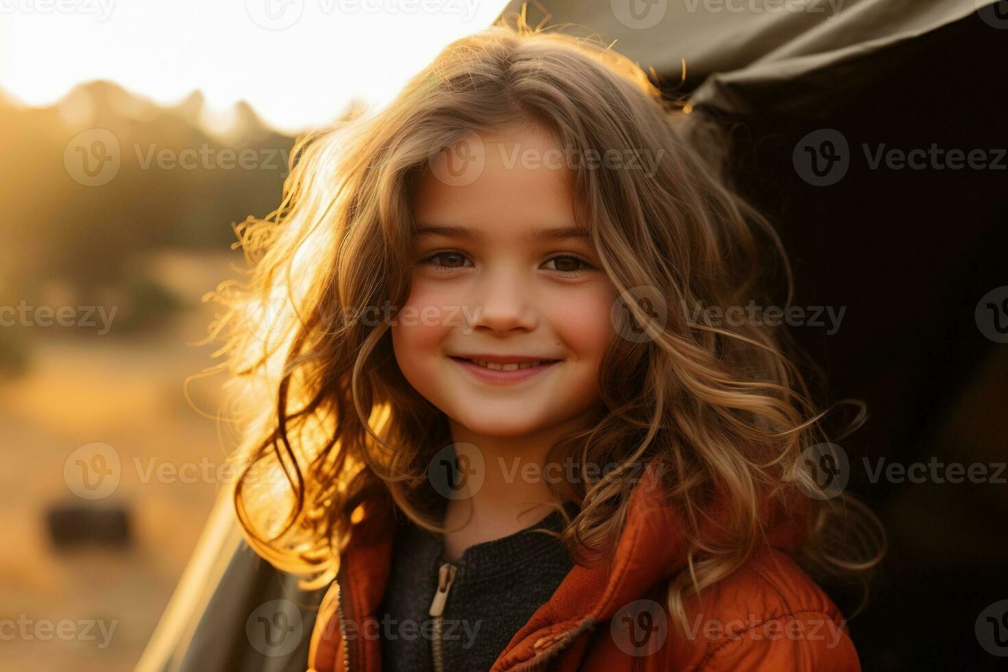 Portrait of cute little girl at camera while standing near camping tent at sunset AI generated photo