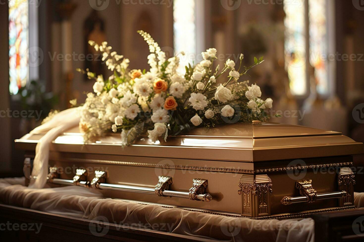 Beautiful flowers in a coffin at a funeral AI generated photo