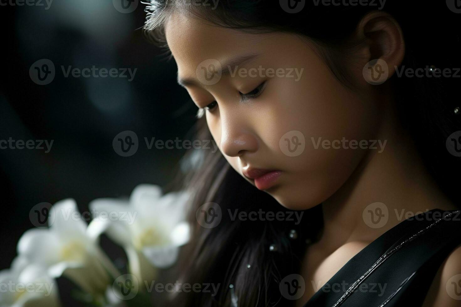 Portrait of a little asian girl with in the cemetery,Funeral Concept AI generated photo