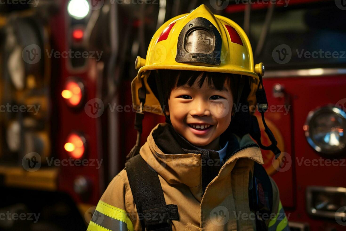 Portrait of cute little boy wearing firefighter uniform in the fire department AI generated photo